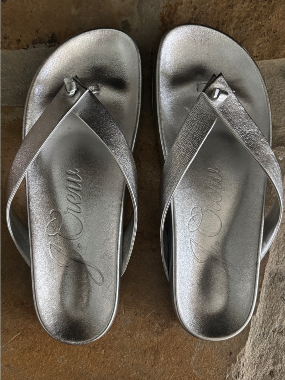 J. Crew Silver Metallic Leather Thong Sandals